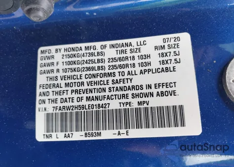2020 Honda Cr-V Awd Ex z USA, uszkodzony, nr VIN 7FARW2H59LE018427